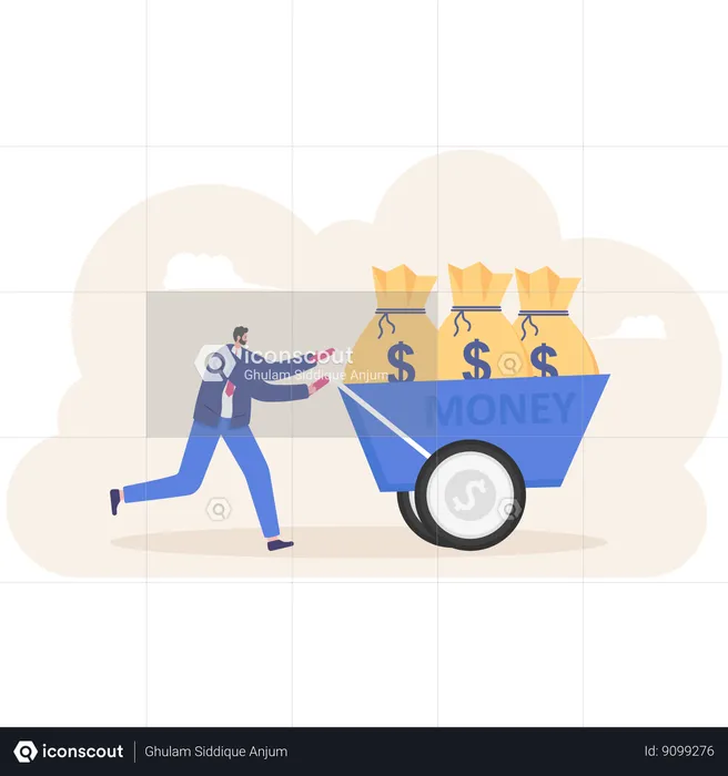 Businessman pushing wheelbarrow full of money bag  Illustration
