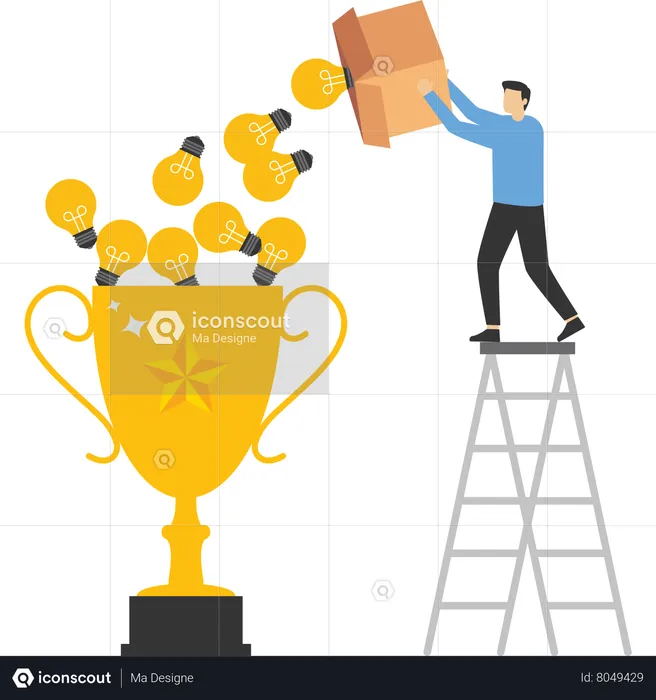 Businessman put a lot of ideas into trophies  Illustration