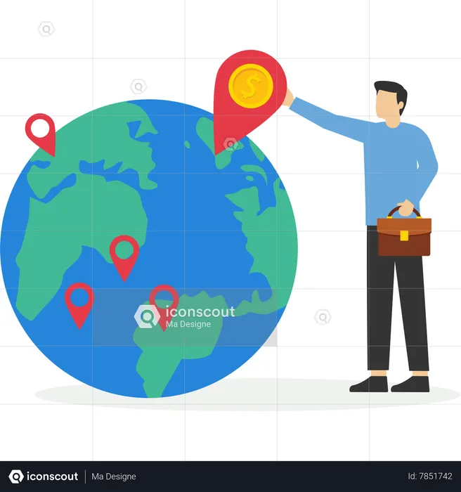 Businessman put new branch pin on world map  Illustration