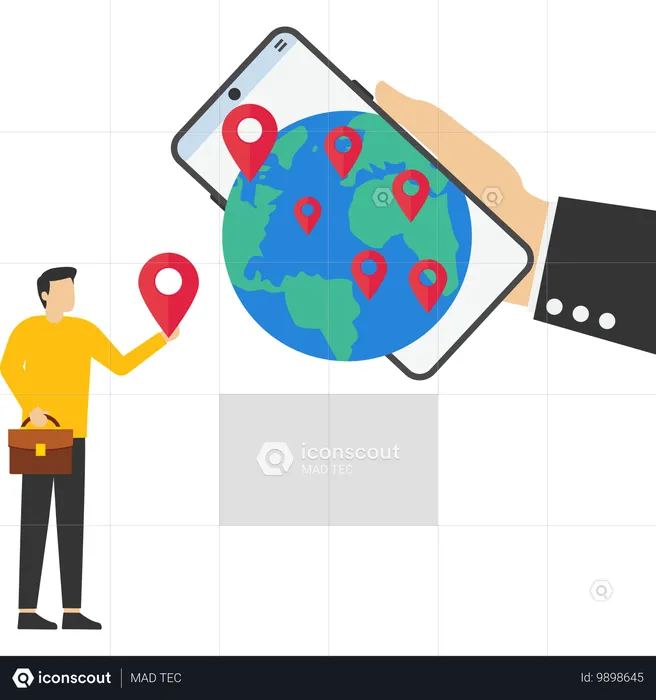 ビジネスマンがオンラインで世界中の世界地図に新しい支店ピンを配置  イラスト