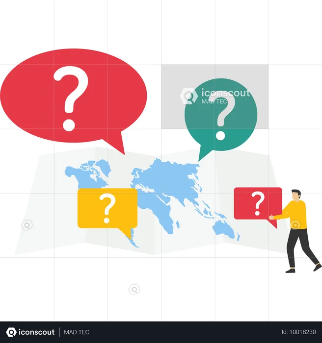 Businessman put new question mark on world map  Illustration