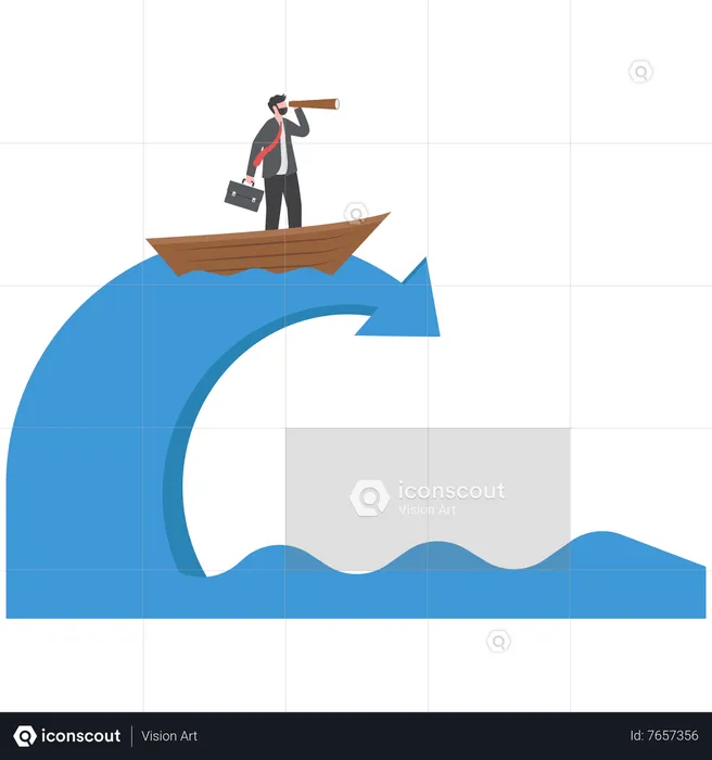 Businessman puts on a robe and stands on a boat above the sea of arrows  Illustration