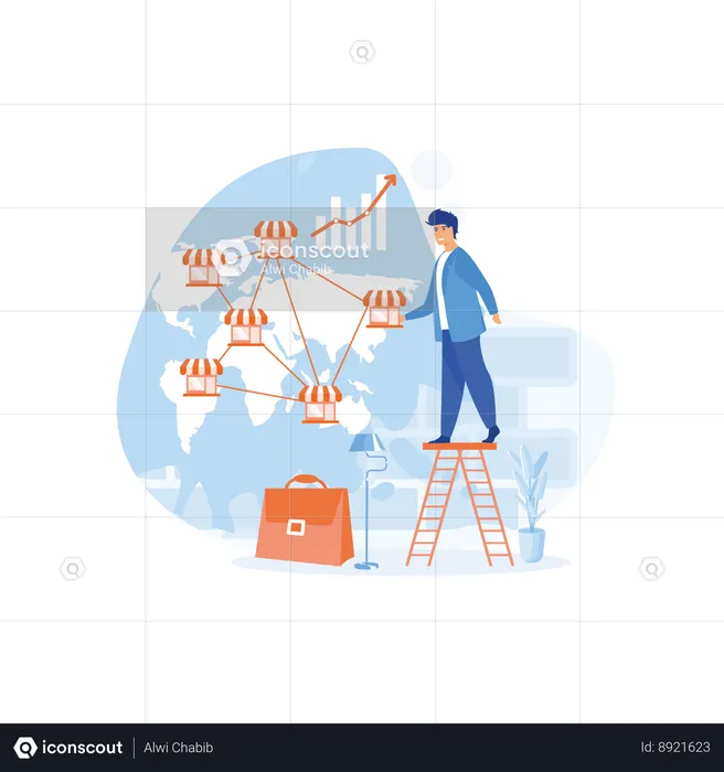 Businessman putting franchise store on world map, Franchise business  Illustration