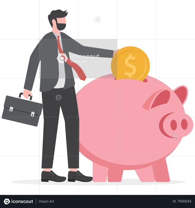 Businessman putting money in piggy bank  Illustration