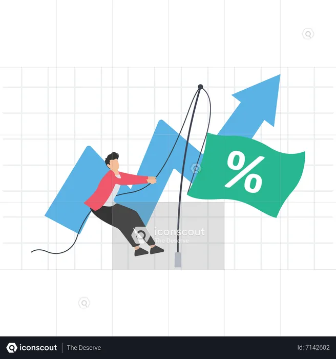 Businessman raises flag with percentage to top of pole  Illustration