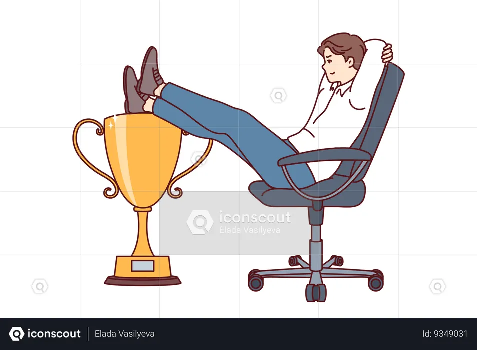 Businessman received leadership cup sits in office chair demonstrating disdain for colleagues  Illustration