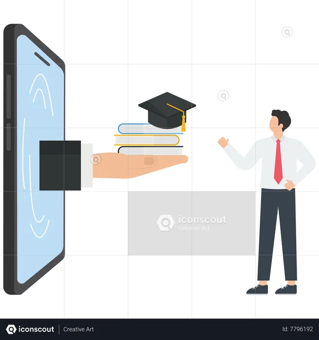Businessman receives a book and graduation cap from a mobile phone  Illustration