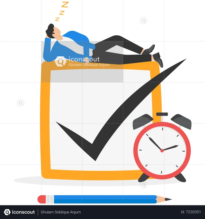 Businessman relax sleep on complete checkbox with alarm clock  Illustration