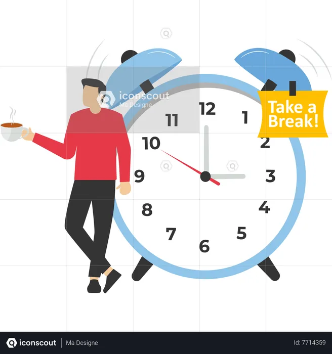 Businessman relaxing with cup of coffee with alarm clock  Illustration