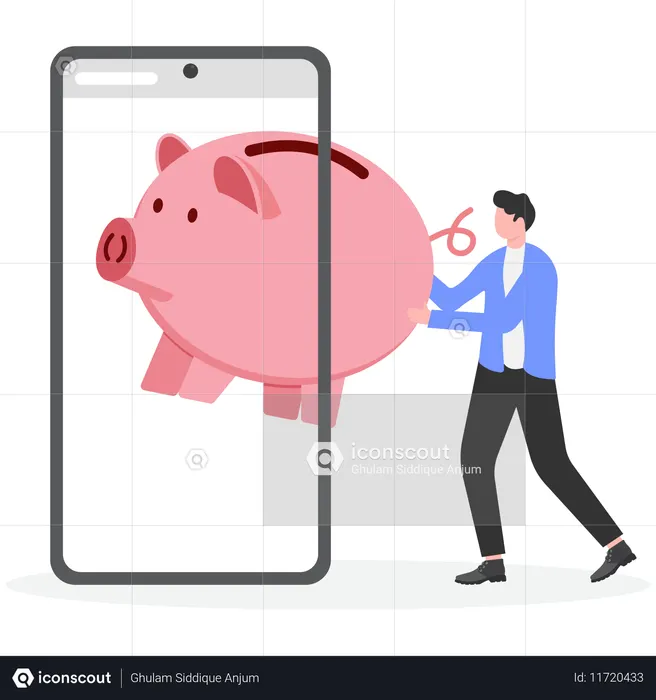 휴대폰에서 돼지 저금통을 꺼내는 사업가  일러스트레이션