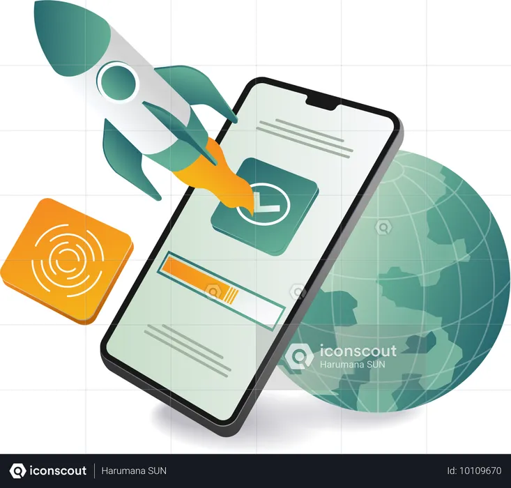 Businessman reviewing mobile launch process  Illustration