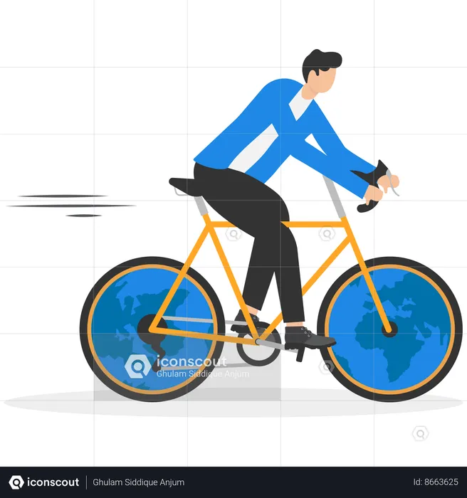 Businessman ride bicycle with globes for wheels  Illustration