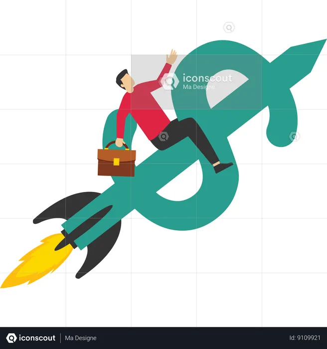 Businessman ride on dollar while getting startup profit  Illustration