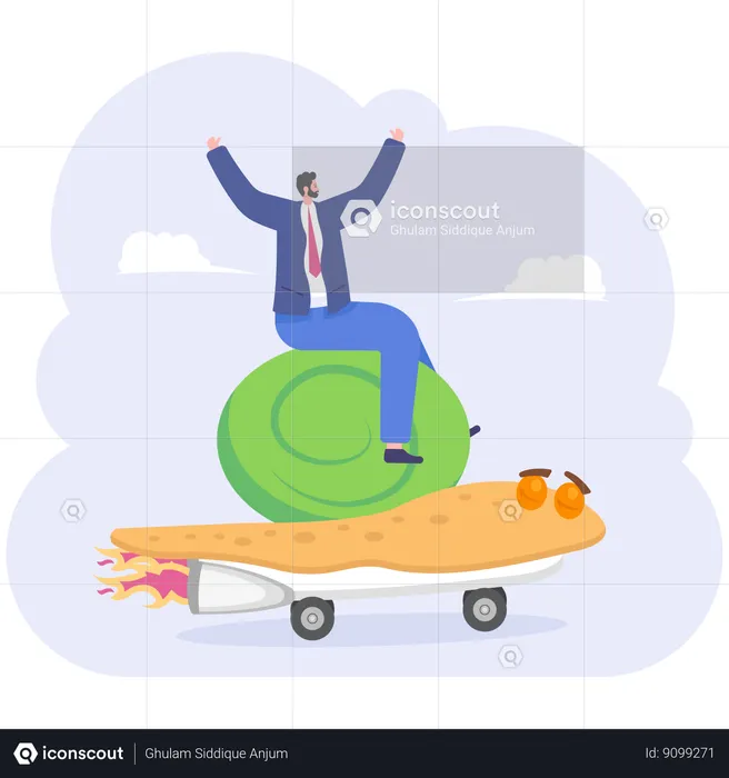 Businessman rides skateboarding speed turtle  Illustration