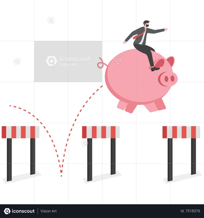 Businessman riding a piggy bank jumping over hurdle  Illustration