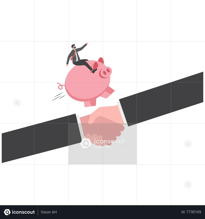 Businessman riding a piggy bank points his finger and runs forward  Illustration