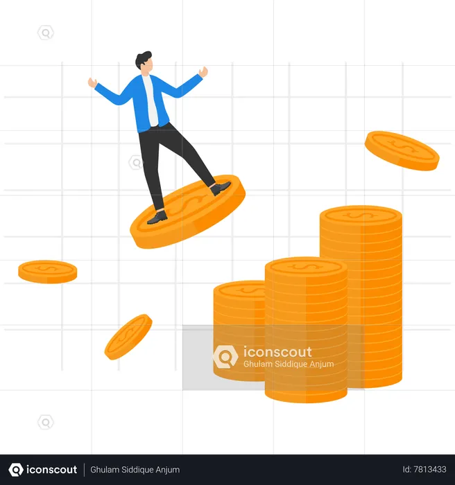Businessman riding on gold coins towards pile of money  Illustration