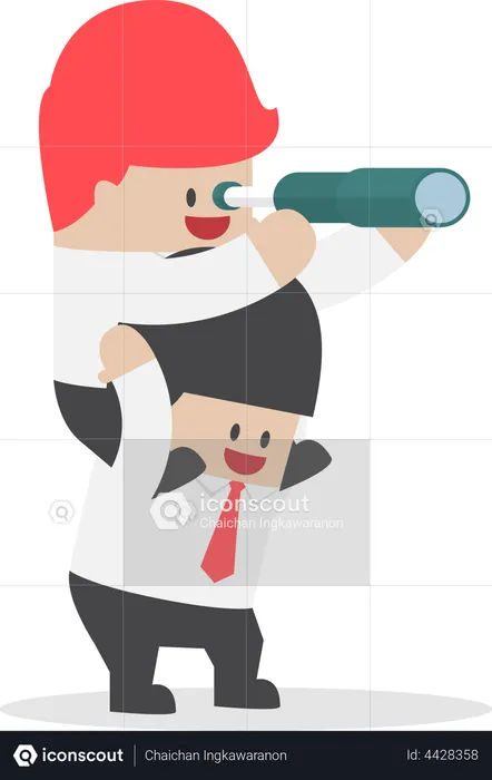 Businessman riding on his friend's shoulder and looking through spyglass  Illustration