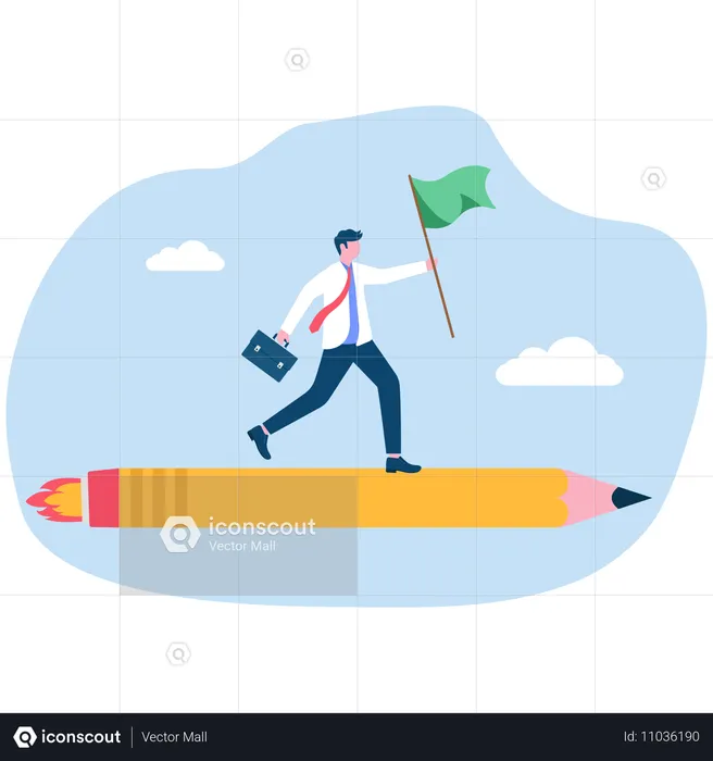 Businessman riding pencil rocket flying in sky  Illustration