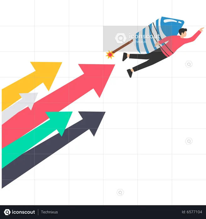Businessman riding rocket booster with growth arrow  Illustration