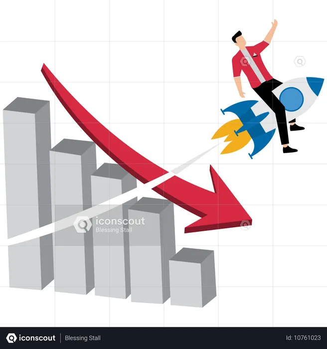 Businessman riding rocket breaking through falling down bar graph  Illustration