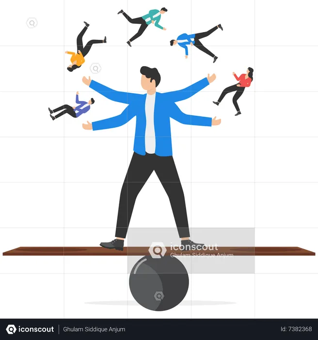 Businessman riding unicycle balance juggling team members diversify people  Illustration