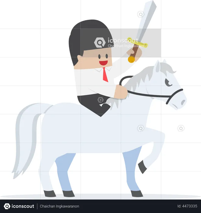 Businessman riding white horse and holding sword  Illustration