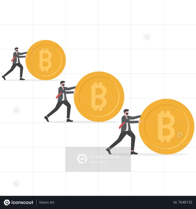 Businessman rolling and pushing Bitcoin coins smoothly to the goal of success  Illustration