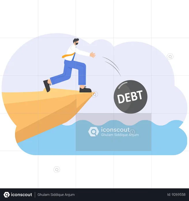 Businessman rolling debt burden off a cliff  Illustration