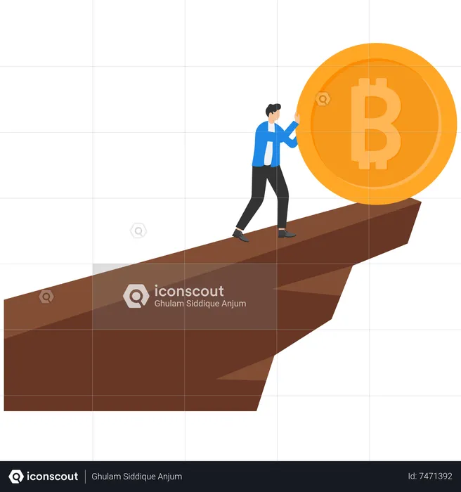 Businessman rolls giant bitcoin on the edge of cliff  Illustration