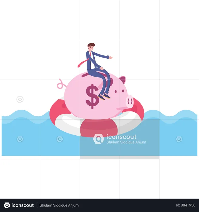 Businessman rowing the piggy bank floating across the ocean  Illustration