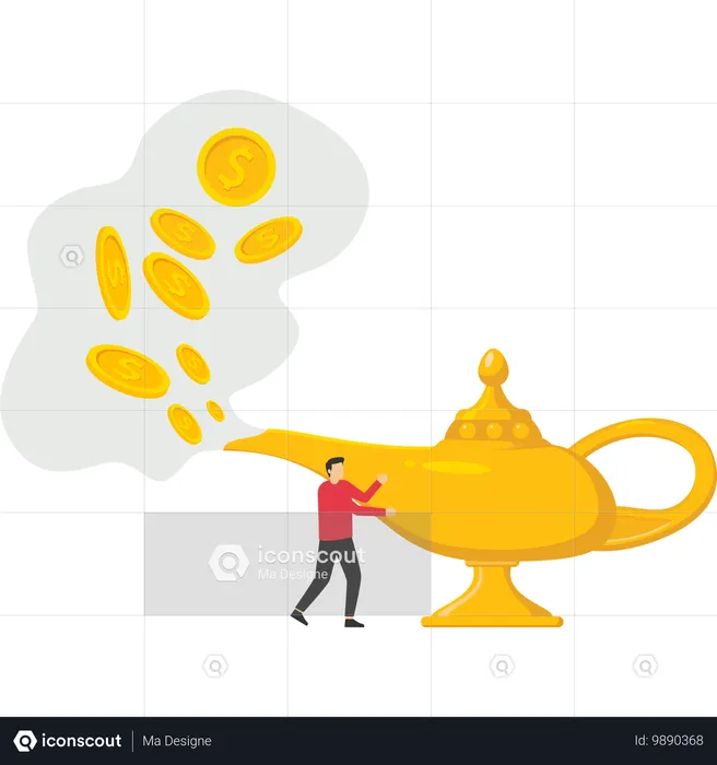 Businessman rubbing magic lamp and getting financial freedom  Illustration