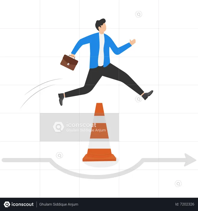 Businessman run the way around and jump past traffic pylon roadblock  Illustration