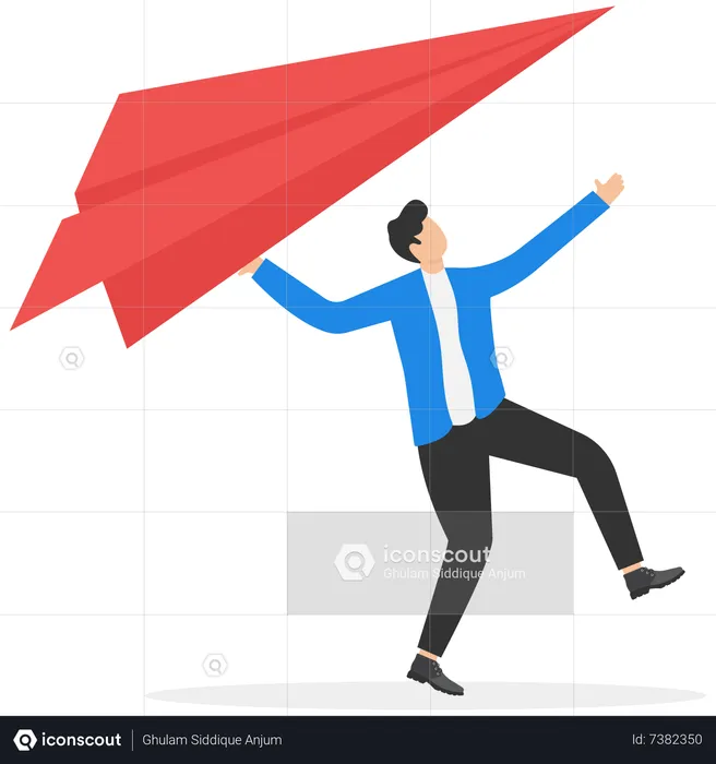 Businessman running about to launch big paper airplane origami  Illustration