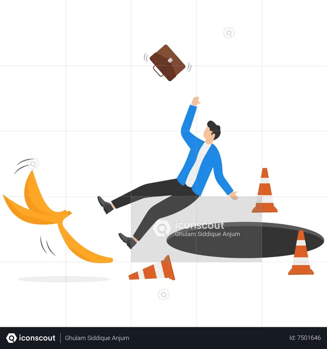Businessman running and slipping with big banana peels on the ground  Illustration