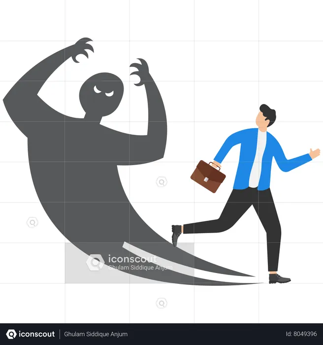 Businessman running away afraid of his own inner evil monster shadow  Illustration