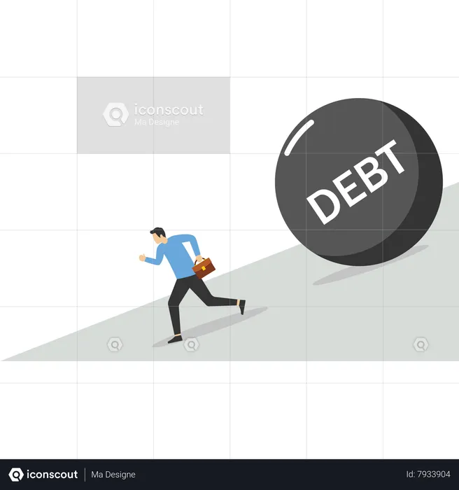 Businessman running away from big debt ball  Illustration