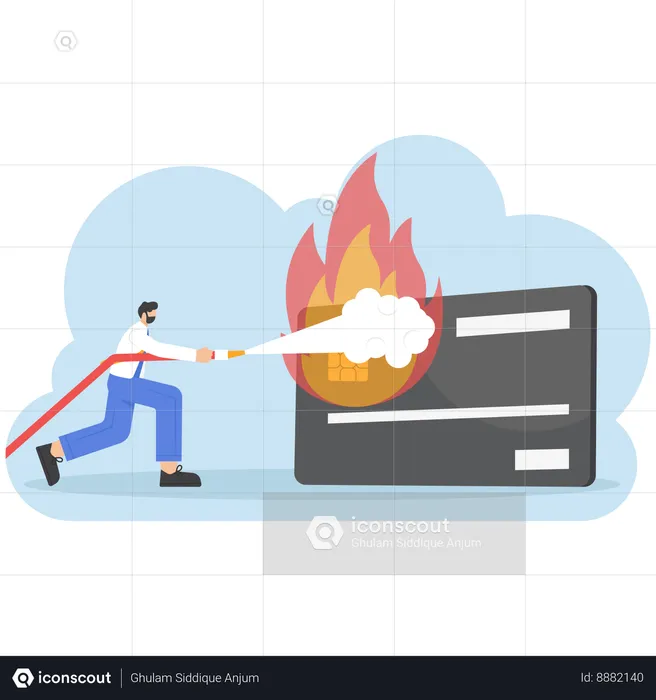 Businessman running away from credit card with fire  Illustration