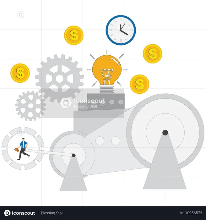 歯車のように動きながら創造的なビジネスアイデアを生み出し、成功を収めるビジネスマン  イラスト