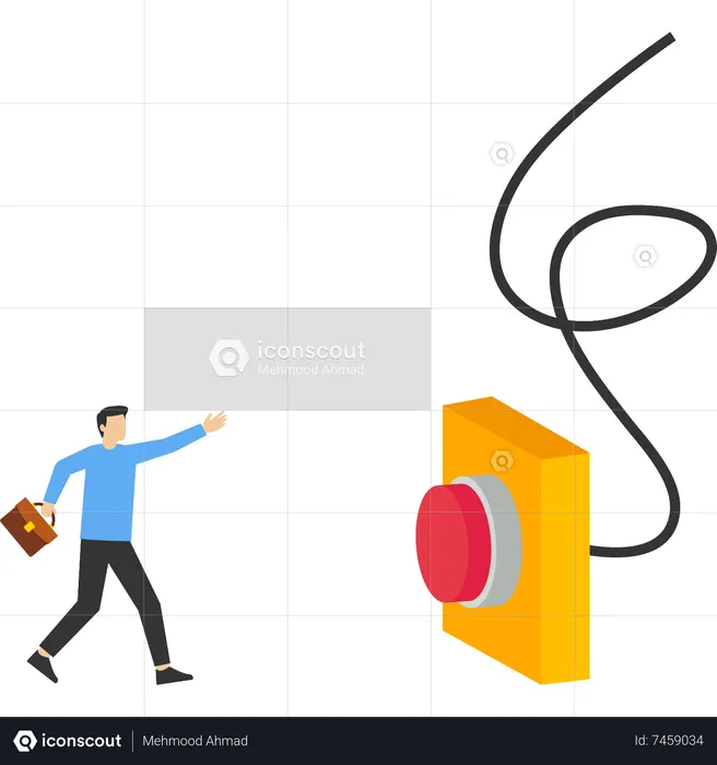 Businessman running in rush to push red emergency button  Illustration