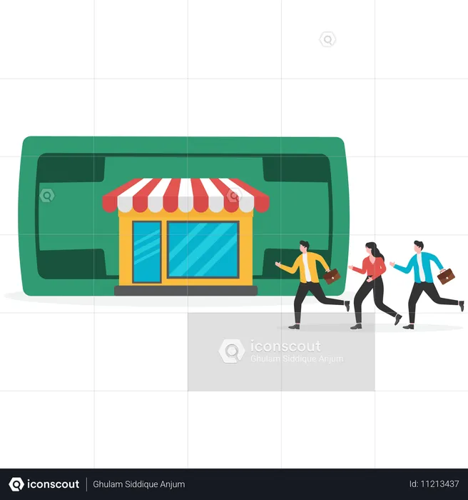 Businessman running into bank  Illustration