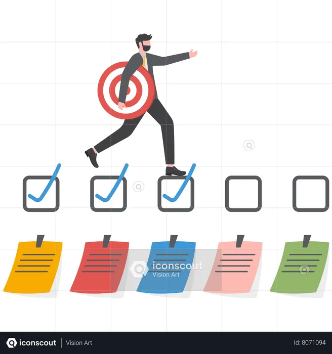 Businessman running on completed checkbox to reach goal  Illustration