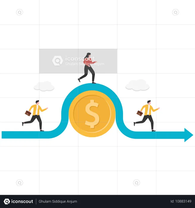 Businessman running on scrolling gold coins with arrow  Illustration