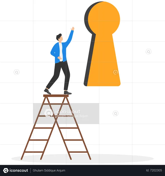 Businessman running to key hole door on big wall  Illustration