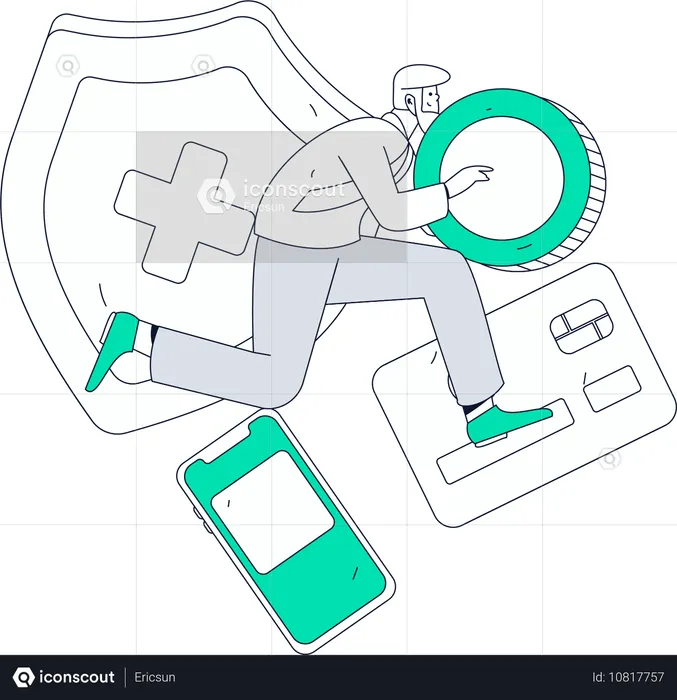 Businessman running while doing employee insurance payment  Illustration