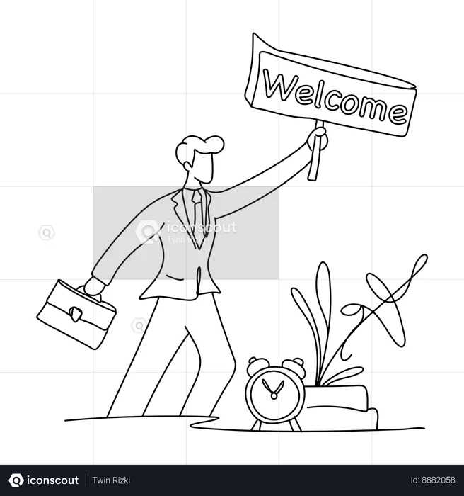 Businessman running while holding welcome board  Illustration