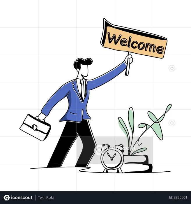 Businessman Running While Holding Welcome Board  Illustration