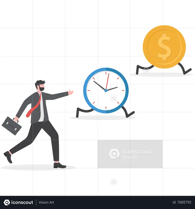 Businessman running with full effort inside gear cogs to spin time and money gears  Illustration