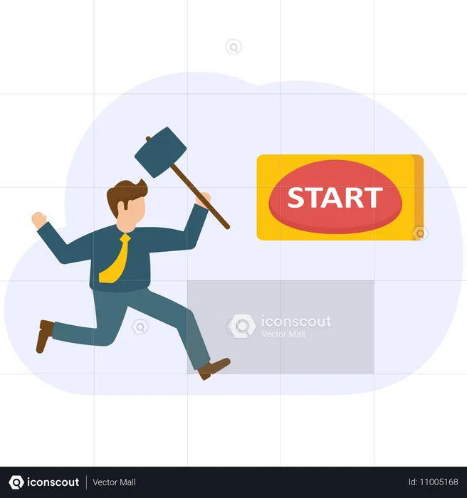 Businessman running with hammer for push button to start new business  Illustration