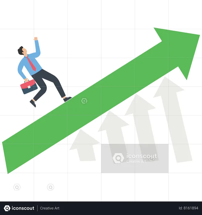 Businessman runs on a rising red arrow supported by multiple small arrows  Illustration